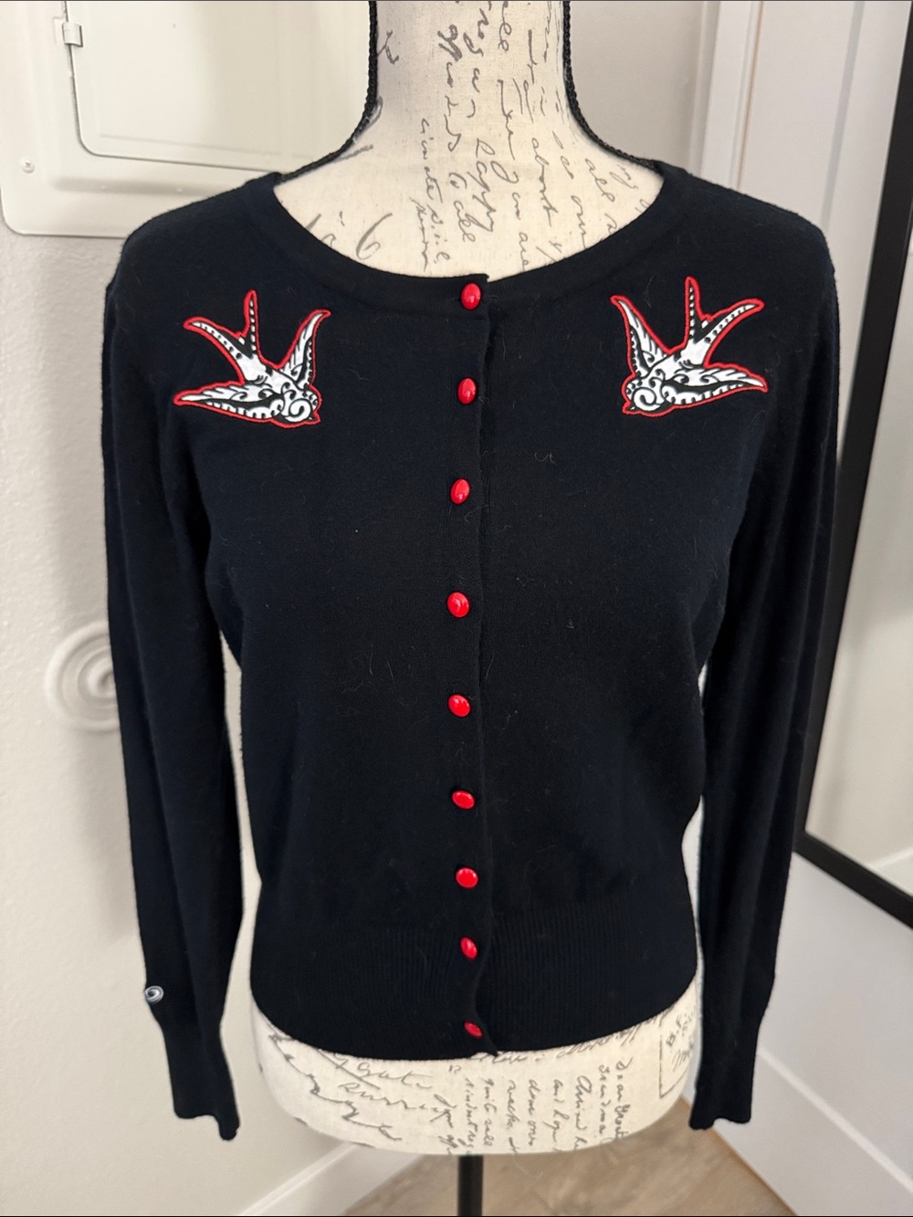 Black Women's Button-Front Cardigan with Red Accents